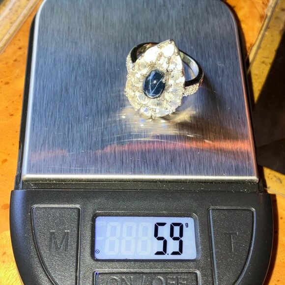 Blue Star Sapphire Rainbow Moonstone Sterling Silver Cocktail Ring Size 7 - Picture 9 of 9